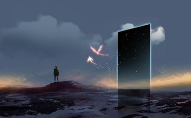 Digital illustration painting design style a a man standing on a big rock and looking at to couple phoenix birds flying out from star portal.