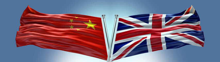 Double Flag United Kingdom UK vs China flag waving flag with texture background