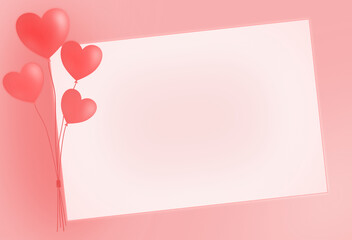 Soft red hearts balloon and empty  paper note on pink background. Wedding, Valentine’ s, Mother day, beauty concept. Can be use for any card, poster, advertising.