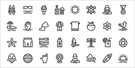 set of 32 surf thin outline icons such as sunset, wind, beach, bikini, cocktail, paddle, seagull, towel, drowning