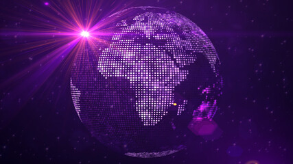 Red Purple Light Of Square Shines Dotted Globe Earth World Map Of Africa And Europe Continent Side With Sparkles Stars And Lighting Flare Background