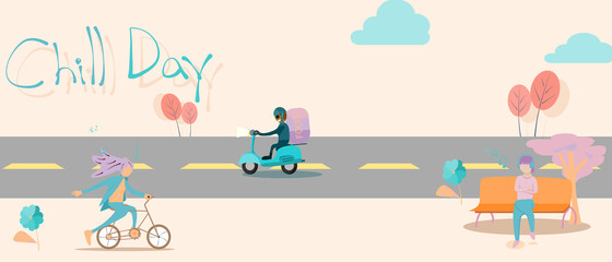 Vector flat style concepts lifestyle activity people outdoor, happy day. young woman listening to music under a tree, a person riding an exercise bike, and a motorcycle driving food delivery car. 