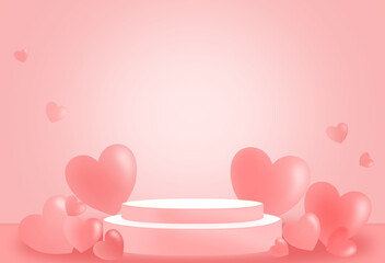 Podium display with many hearts balloon on pink background. Digital, Valentine season. 3D rendering.