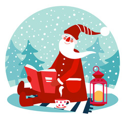 Cute winter holiday illustration with funny Santa Claus reads a book. Christmas and Happy Holidays vector ca