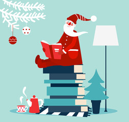 Cute winter holiday illustration with funny Santa Claus reads a book. Christmas and Happy Holidays vector card