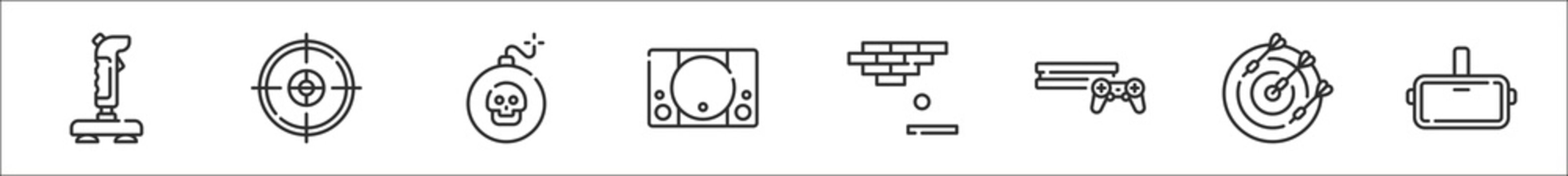 set of 8 gaming thin outline icons such as joystick, target, bomb, game console, arkanoid, game console, darts, vr glasses