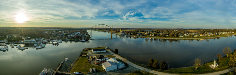 Aerial panorama of Chesapeake City Maryland historic fishing town on the Chesapeake Delaware canal...