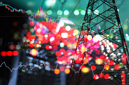 Market Stock Graph And Information With City Light And Electricity And Energy Facility Banner Industry And Business Background