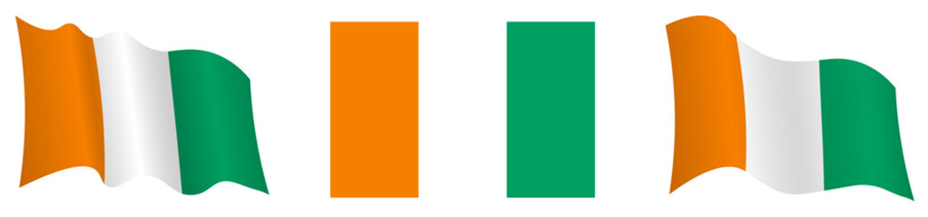 Cote d'Ivoire flag in static position and in motion, fluttering in wind in exact colors and sizes, on white background