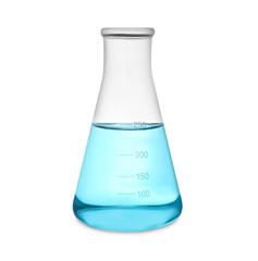 Conical flask with light blue liquid isolated on white - obrazy, fototapety, plakaty
