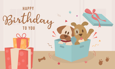 Birthday theme in the living room The character two cute dog sitting in the gift box  flat vector style. Cute Dog Smiling in Box. dog open the gift box. Birthday party.