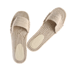 Slide shoes on white background, top view. Beach accessory