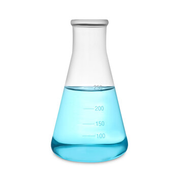 Conical flask with light blue liquid isolated on white