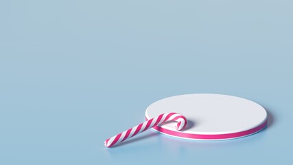 Minimal Christmas candy and podium on sweaty blue background for packaging and branding presentation, Product display with Christmas candy cane. realistic rendering. 3d illustration