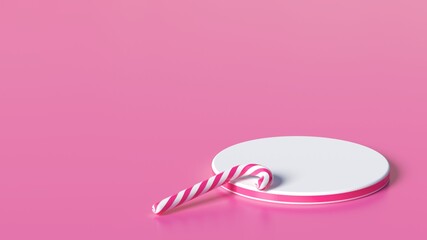Minimal Christmas candy and podium on sweaty pink background for packaging and branding presentation, Product display with Christmas candy cane. realistic rendering. 3d illustration