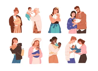 Fototapeten Set of cute women and families with newborn baby. Collection of different children with happy parents feeling love isolated vector flat illustration. Mother, father and kids embracing each other © Good Studio