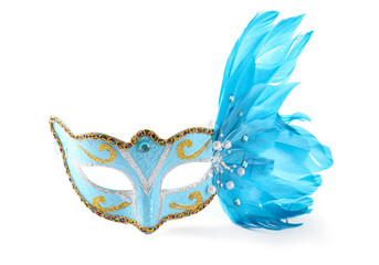 Beautiful light blue carnival mask with feathers isolated on white