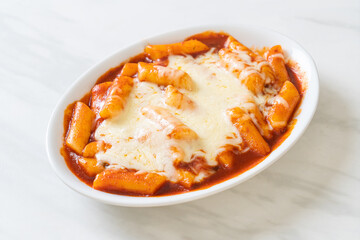 Korean rice cake in spicy Korean sauce with cheese, Cheese Tokpokki, Tteokbokki with Cheese