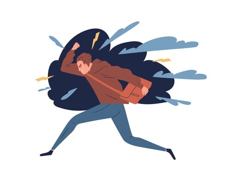 Young man feeling anger, rage. Irritated teen surrounded by lightnings. Concept of negative emotions, aggression and psychological problem. Guy in stressful situation. Flat vector cartoon illustration