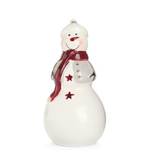 Funny ceramic snowman isolated on white. Christmas decoration