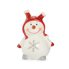 Funny ceramic snowman isolated on white. Christmas decoration