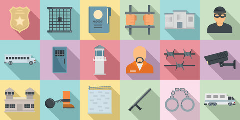 Prison icons set. Flat set of prison vector icons for web design