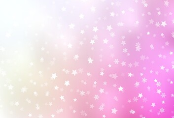 Light Pink, Yellow vector template with ice snowflakes, stars.