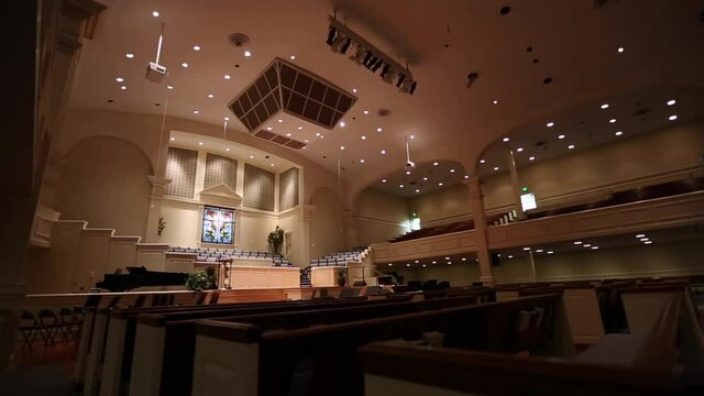 Large Empty Church Sanctuary Tilt Down From Side