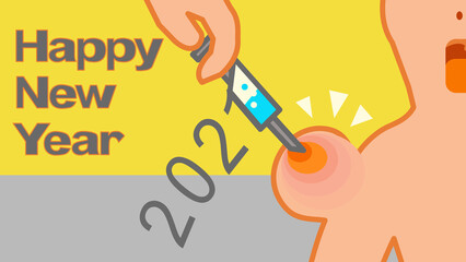 The 2021 Happy New Year poster background picture of COVID vaccine is injected to people. ( vector )
