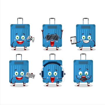 Blue lugage cartoon character are playing games with various cute emoticons