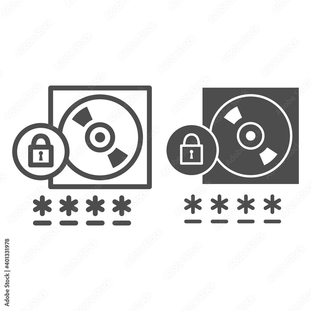 Poster cd with password protected data line and solid icon, black bookkeeping concept, data protection sign