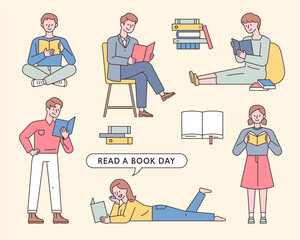 Collection of people reading books. People are reading books in various postures. flat design style minimal vector illustration.