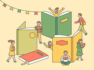 Book Festival poster. In a library with a large book built like a building, people are walking around and reading. flat design style minimal vector illustration.