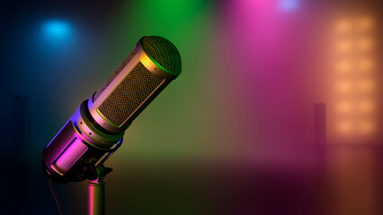 Obraz premium Microphone in bright spotlights on a smoky background with multicolored beams. Light show. Close-up. Space for text.