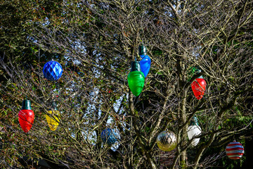 Leafless tree strung with large Christmas light ornaments, happy holidays
