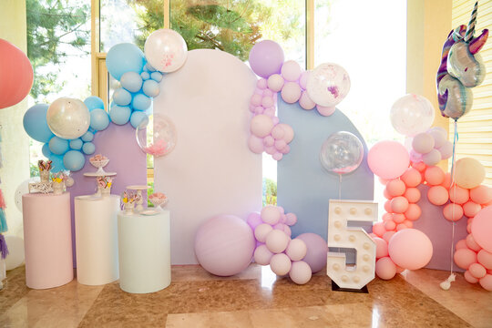 photo zone for a children's party with a candy bar. decor for a birthday.
