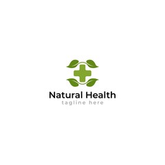 Natural health, herbal logo design with leaf and cross vector illustration