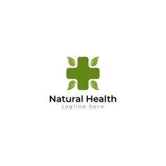 Natural health logo design with cross and leaves vector illustration