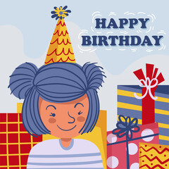 Birthday greeting card decorated with girl and gift box