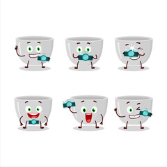 Photographer profession emoticon with plastic bowl cartoon character