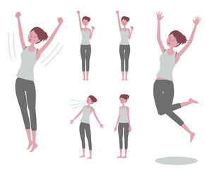 背伸び・ジャンプ・深呼吸・ガッツポーズをする、ヨガウェアを着た女性のイラストセット
