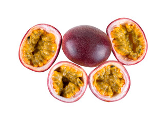 (Top view )Purple passion fruit with slice isolated on white background.