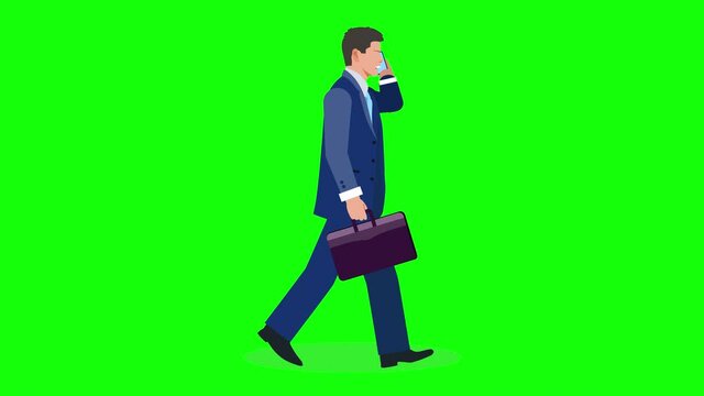 Portrait Businessman walking with talking on cell phone.4K animation with green screen.Cartoon 2d businessman animate walking looped. 
