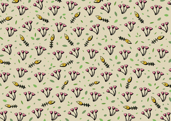 Flowers pattern paper, wallpaper, backdrop. Green leaves, black shadow on light brown background. Illustration horizontal for various decorations.