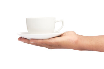 hand with white cup and saucer isolated on white.