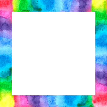 Square bright color rainbow frame made of abstract watercolor spots. Hand drawn border, backdrop for decoration of images, photos. Expresses happiness and joy