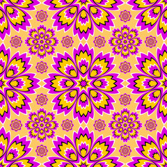Fototapeta na wymiar Yellow wrapping paper with pink flowers. Optical expansion illusion. Seamless pattern.