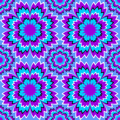 Blue wrapping paper with magic flowers. Optical expansion illusion. Seamless pattern.