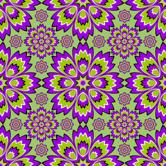 Green wrapping paper with flowers. Motion illusion. Seamless pattern.