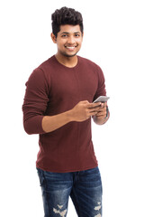 Attractive young Indian man using mobile isolated on white.